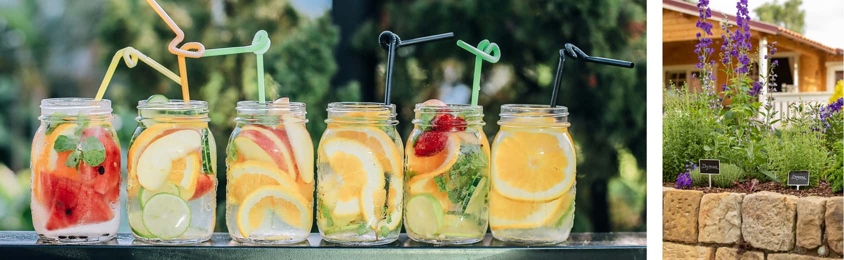 Selbstgemachte Limonaden mit Früchten und Kräutern aus dem Garten in Einmachgläsern