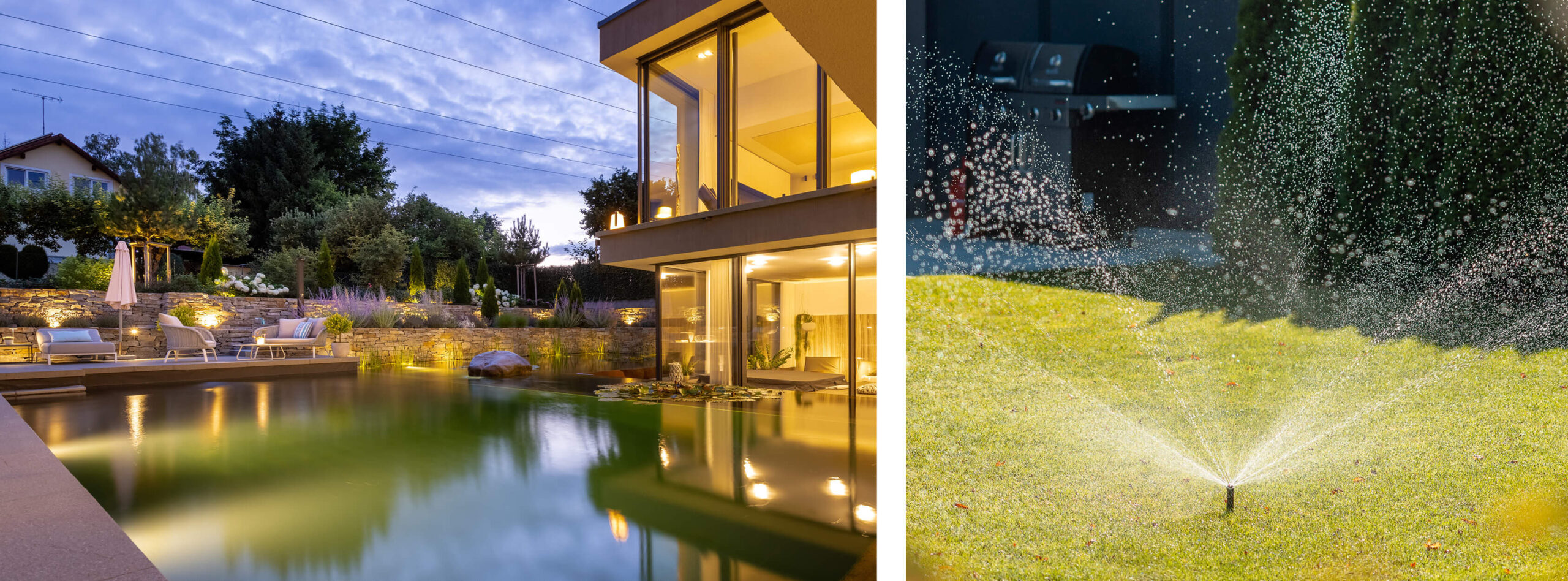 Beleuchtung im Garten mit Pool am Haus in der Dämmerung und Rasensprenger auf grüner Wiese