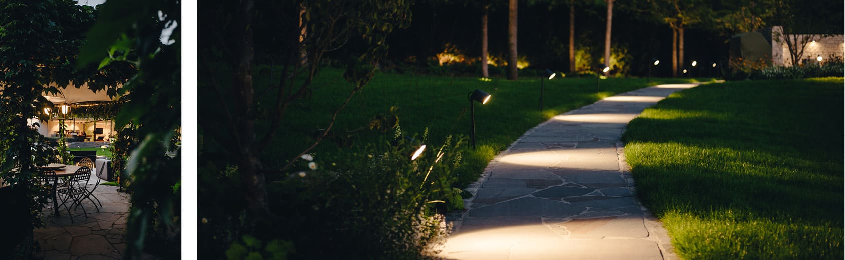 Beleuchteter Gartenweg mit Spots und beleuchteter Sitzbereich am Abend.