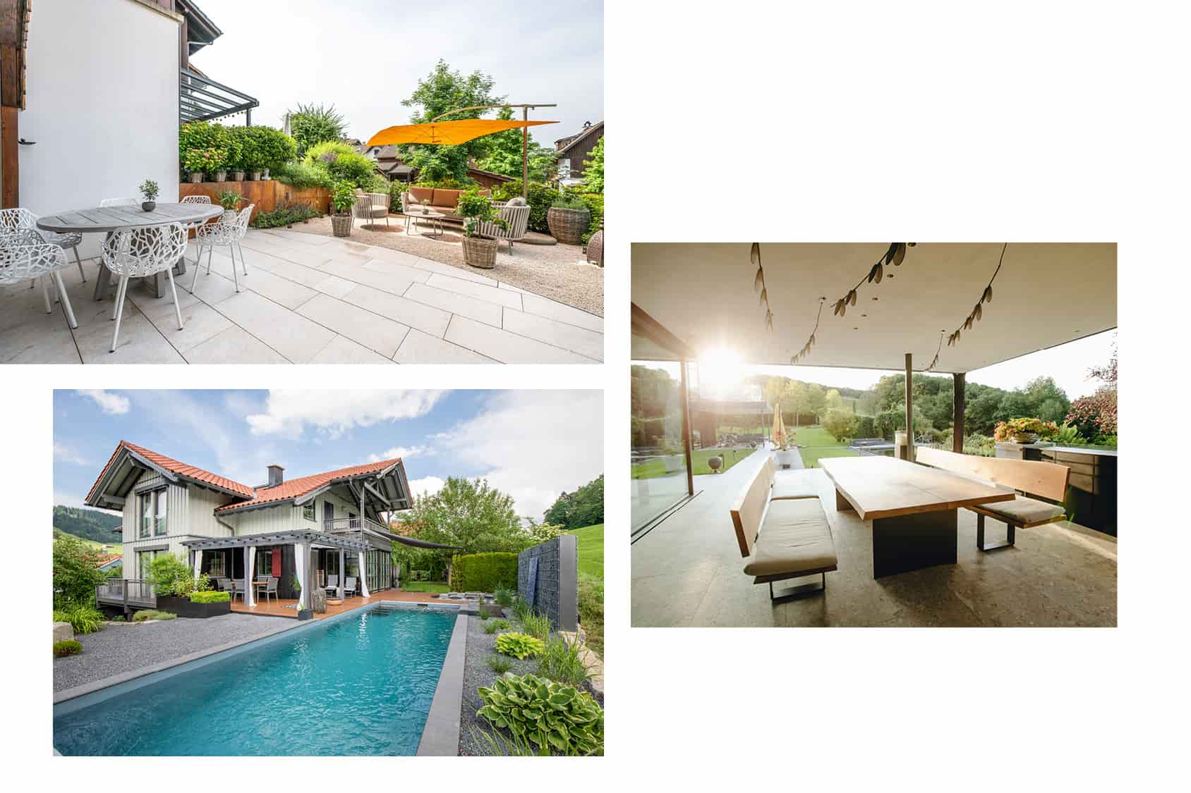 Drei Partylocations für Sommerparty im Garten: Terrasse, Pool und moderner Essbereich
