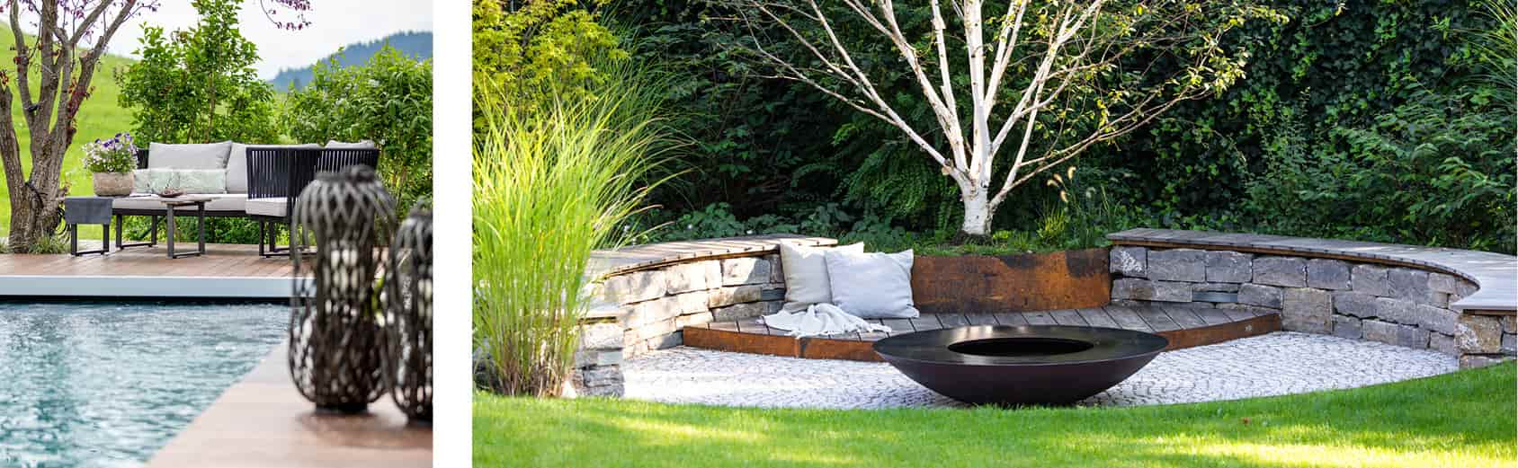 Gemütliche Sitzgelegenheiten und Bank im Garten für eine Sommerparty