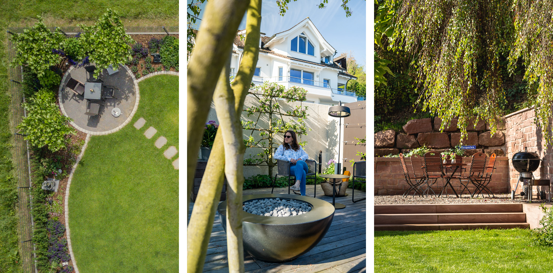 Collage mit rundem Sitzplatz aus der Vogelperspektive, kleiner Sitzecke am Haus und Essplatz vor einer Natursteinmauer