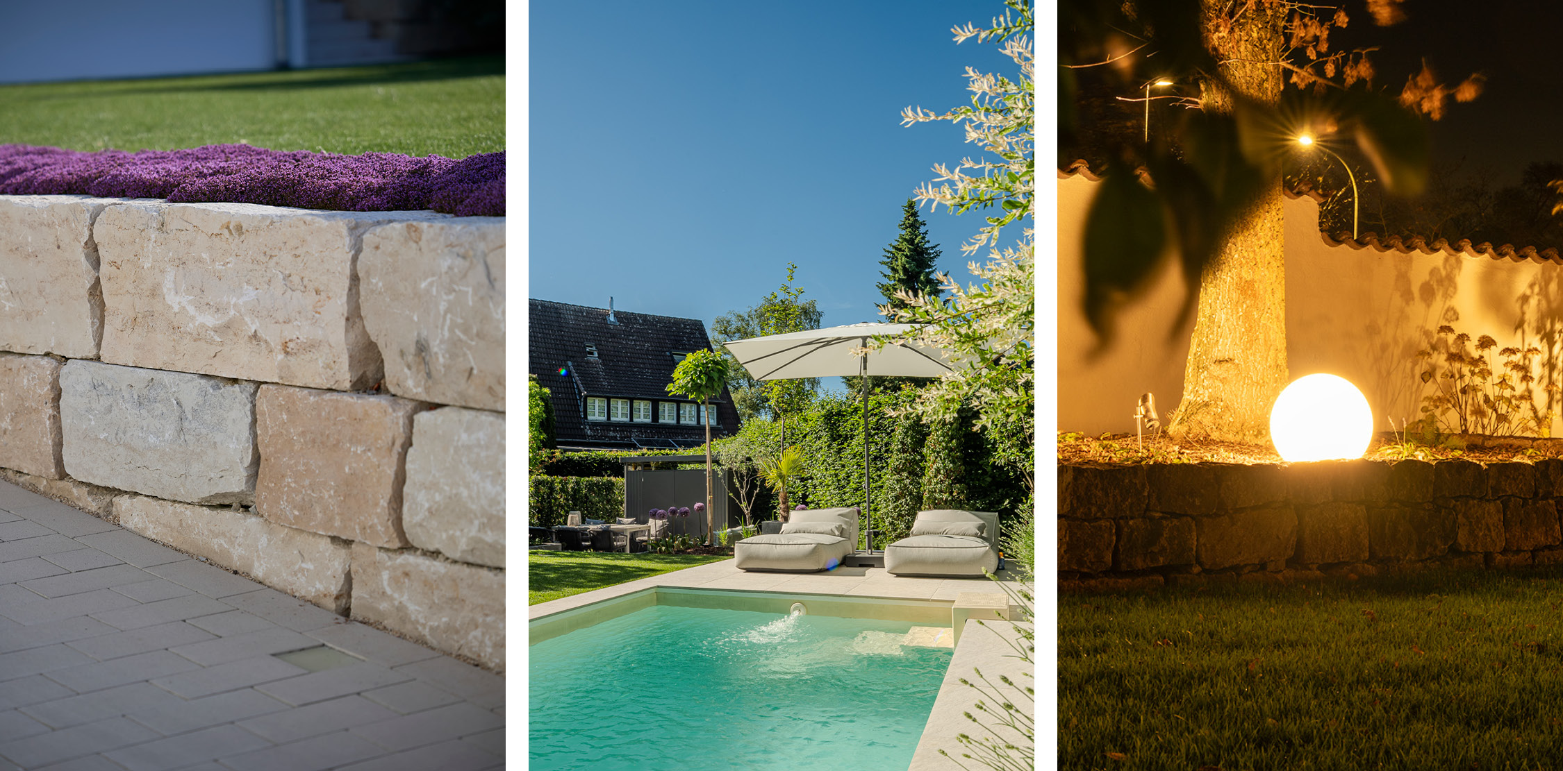 Collage mit Natursteinmauer, Pool und Liegebereich sowie stimmungsvoll beleuchtetem Garten am Abend